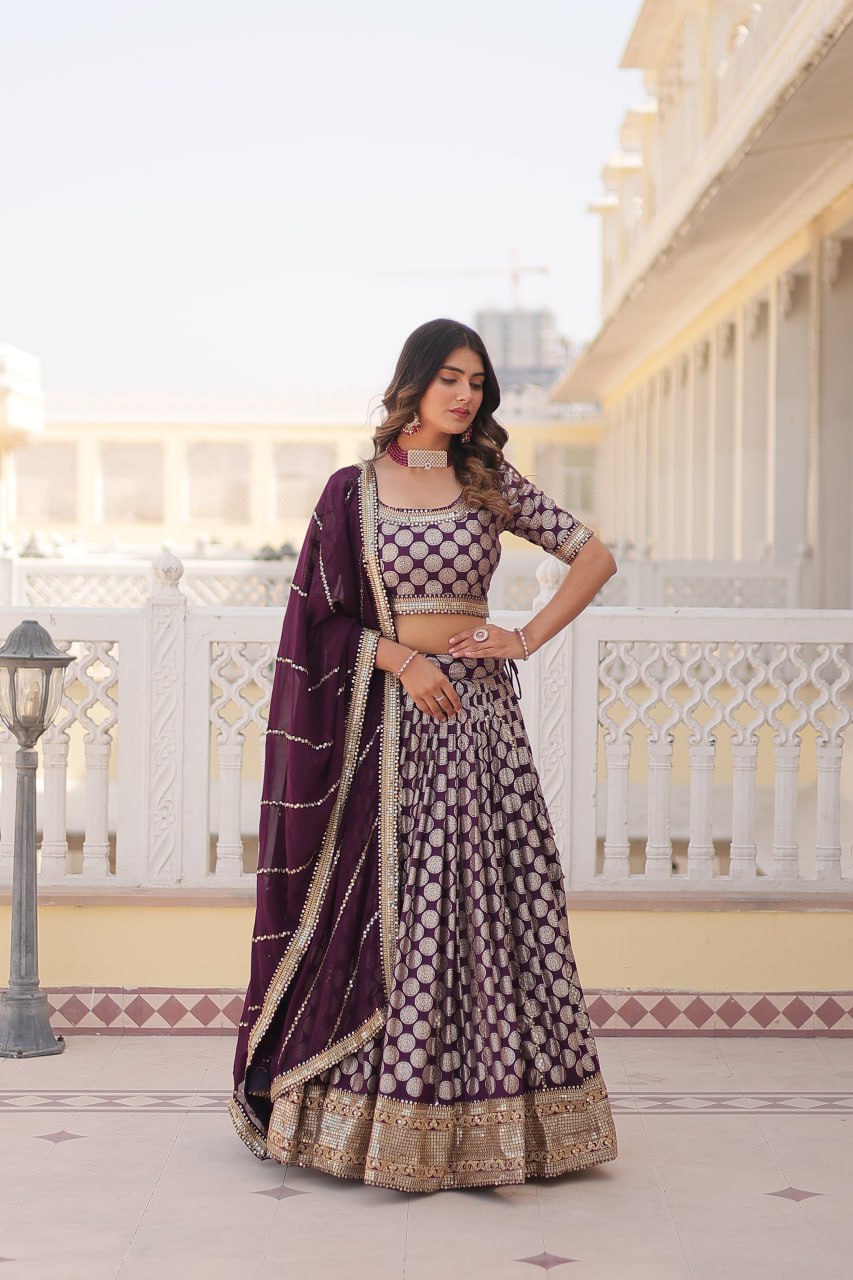 Sequins Embroidery Work Pure Viscose Jacquard Lehenga Choli Set