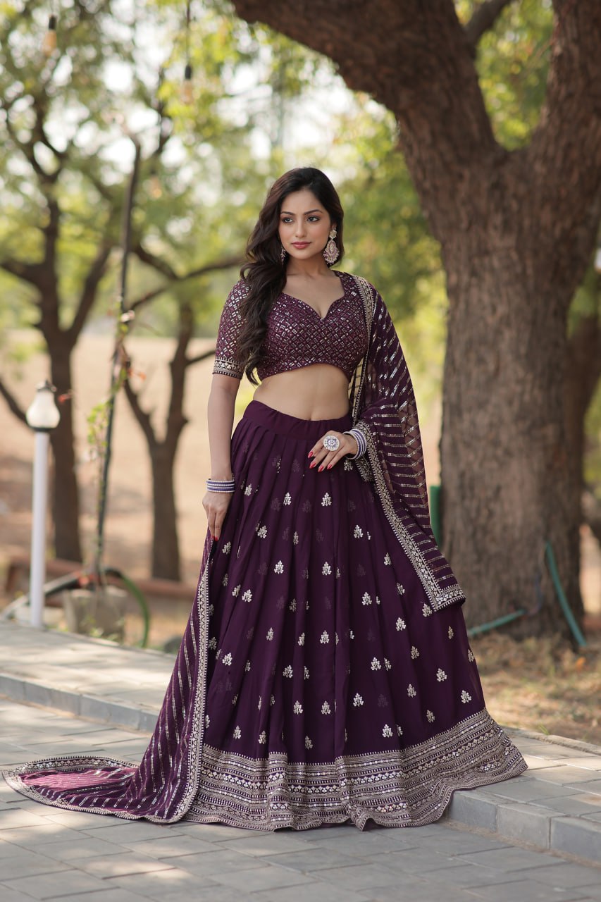 Women's Beautiful Wine Coloured Heavy Sequins and Thread Embroidered Work Faux Blooming Lehenga Choli Set