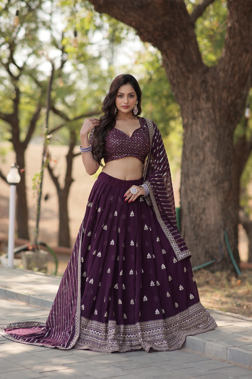 Women's Beautiful Wine Coloured Heavy Sequins and Thread Embroidered Work Faux Blooming Lehenga Choli Set