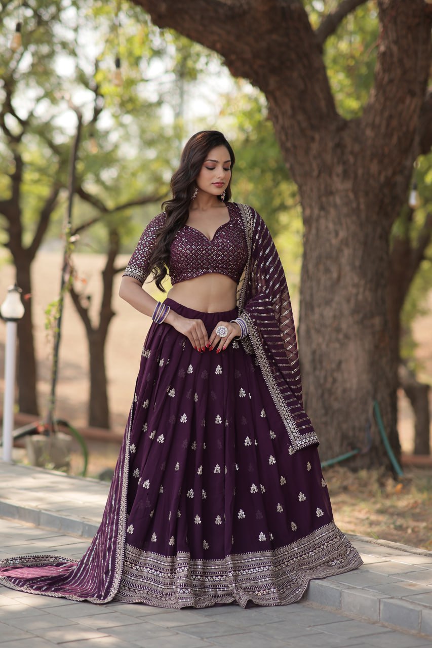 Women's Beautiful Wine Coloured Heavy Sequins and Thread Embroidered Work Faux Blooming Lehenga Choli Set