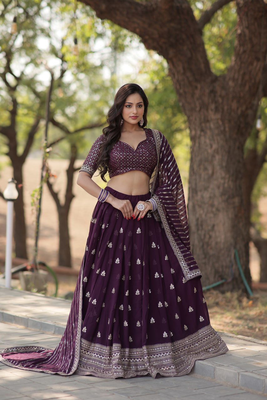 Women's Beautiful Wine Coloured Heavy Sequins and Thread Embroidered Work Faux Blooming Lehenga Choli Set