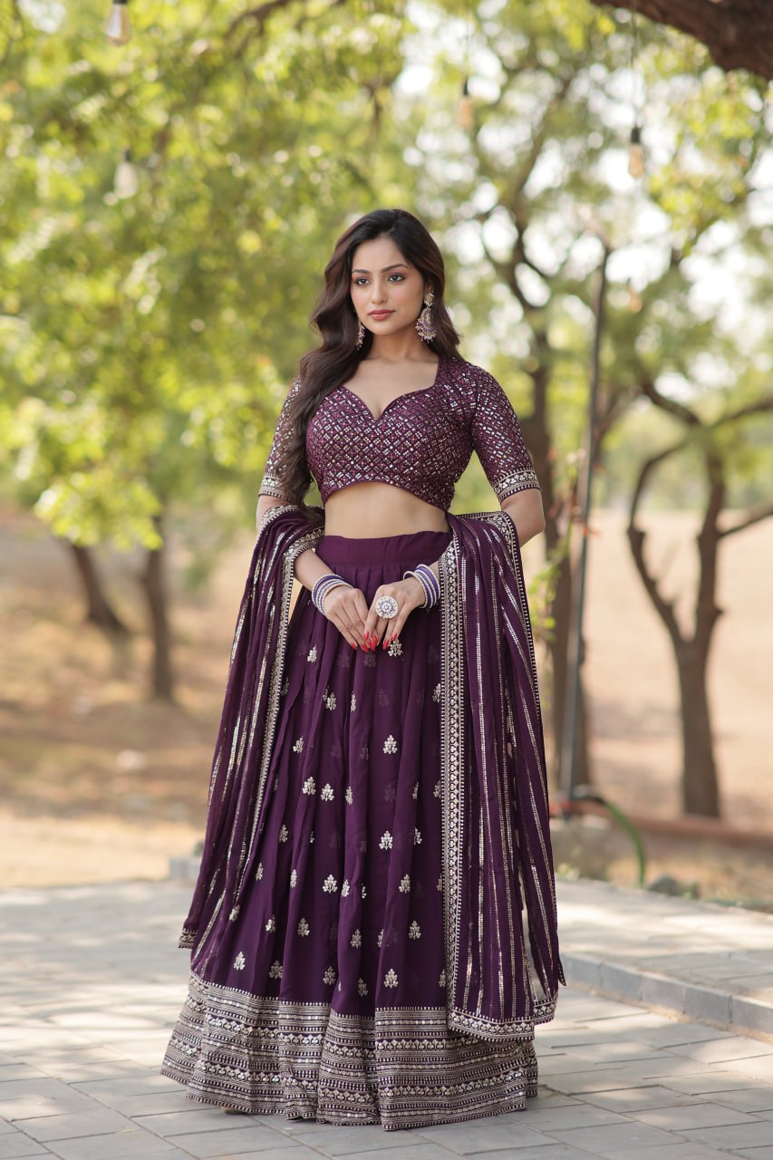 Women's Beautiful Wine Coloured Heavy Sequins and Thread Embroidered Work Faux Blooming Lehenga Choli Set