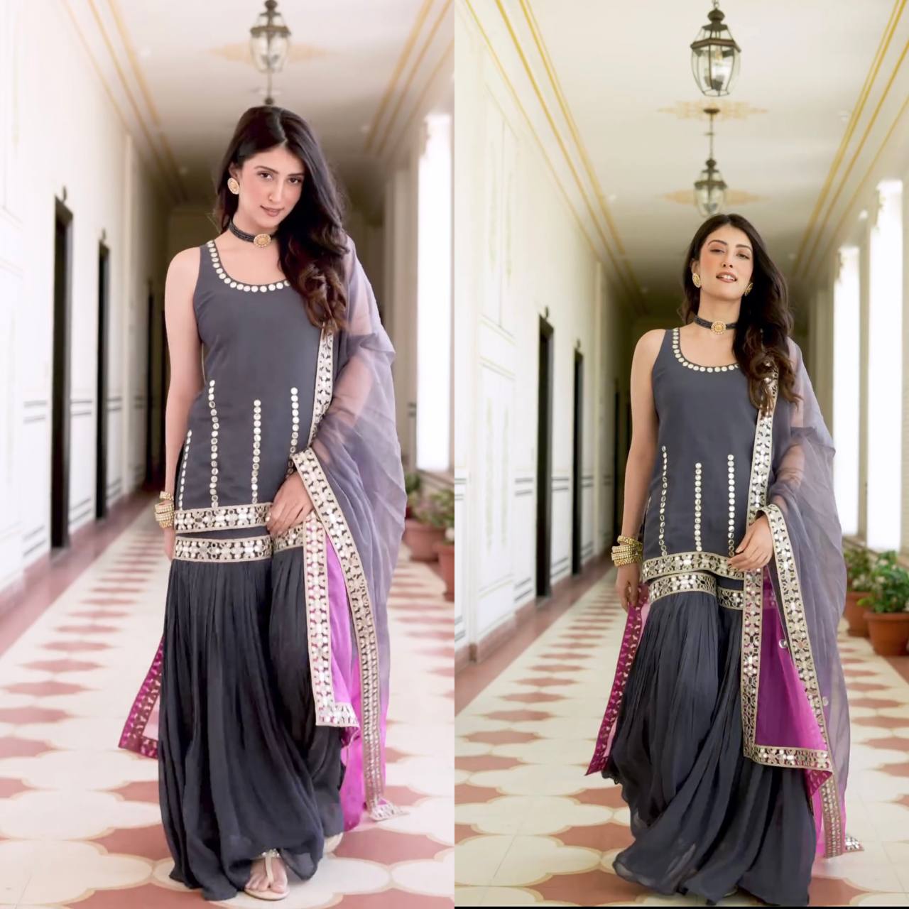 Elegant Designer Party Wear Ensemble - Top, Sharara Palazzo, and Dupatta