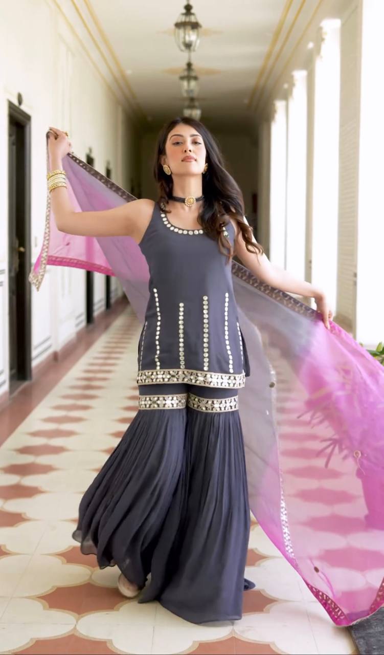 Elegant Designer Party Wear Ensemble - Top, Sharara Palazzo, and Dupatta