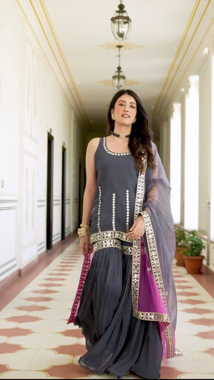 Elegant Designer Party Wear Ensemble - Top, Sharara Palazzo, and Dupatta