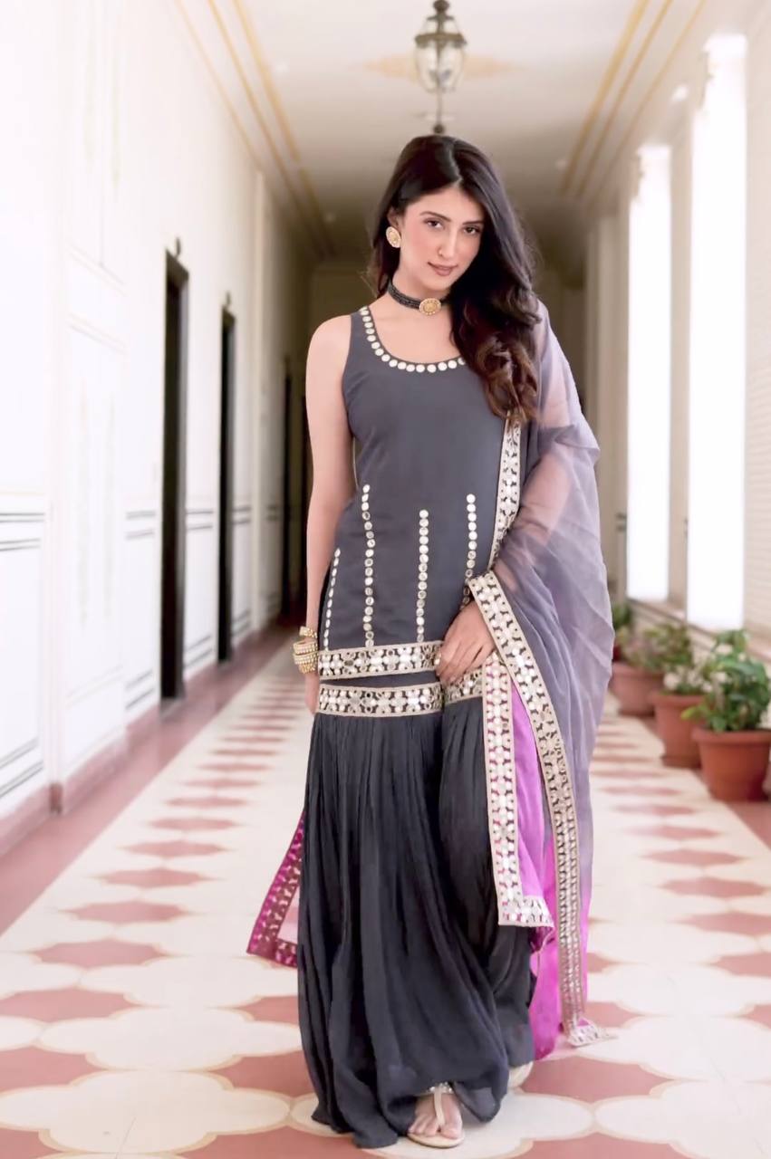 Elegant Designer Party Wear Ensemble - Top, Sharara Palazzo, and Dupatta