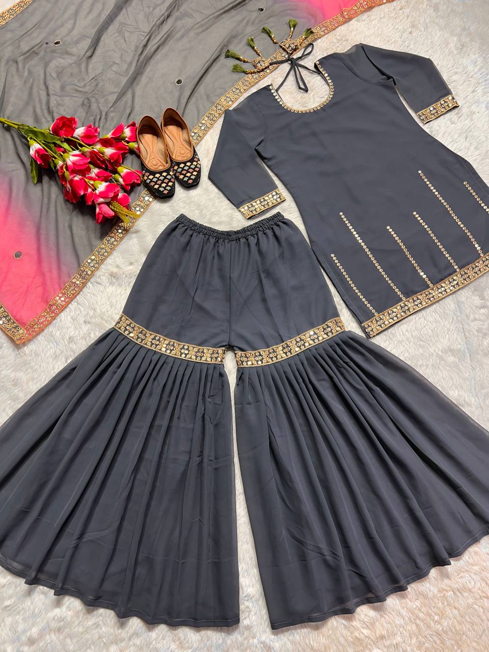 Elegant Designer Party Wear Ensemble - Top, Sharara Palazzo, and Dupatta