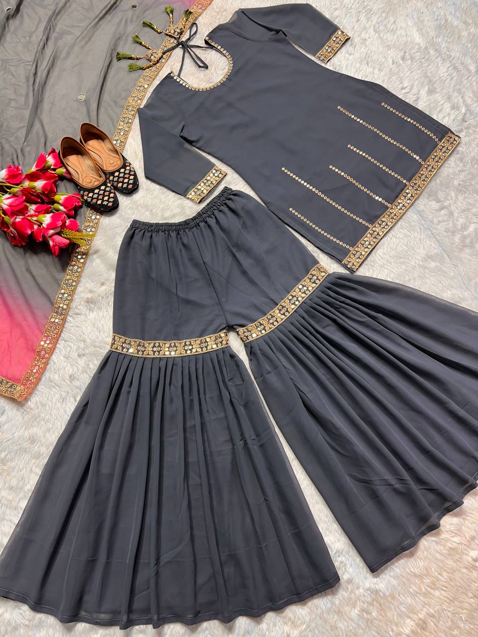 Elegant Designer Party Wear Ensemble - Top, Sharara Palazzo, and Dupatta