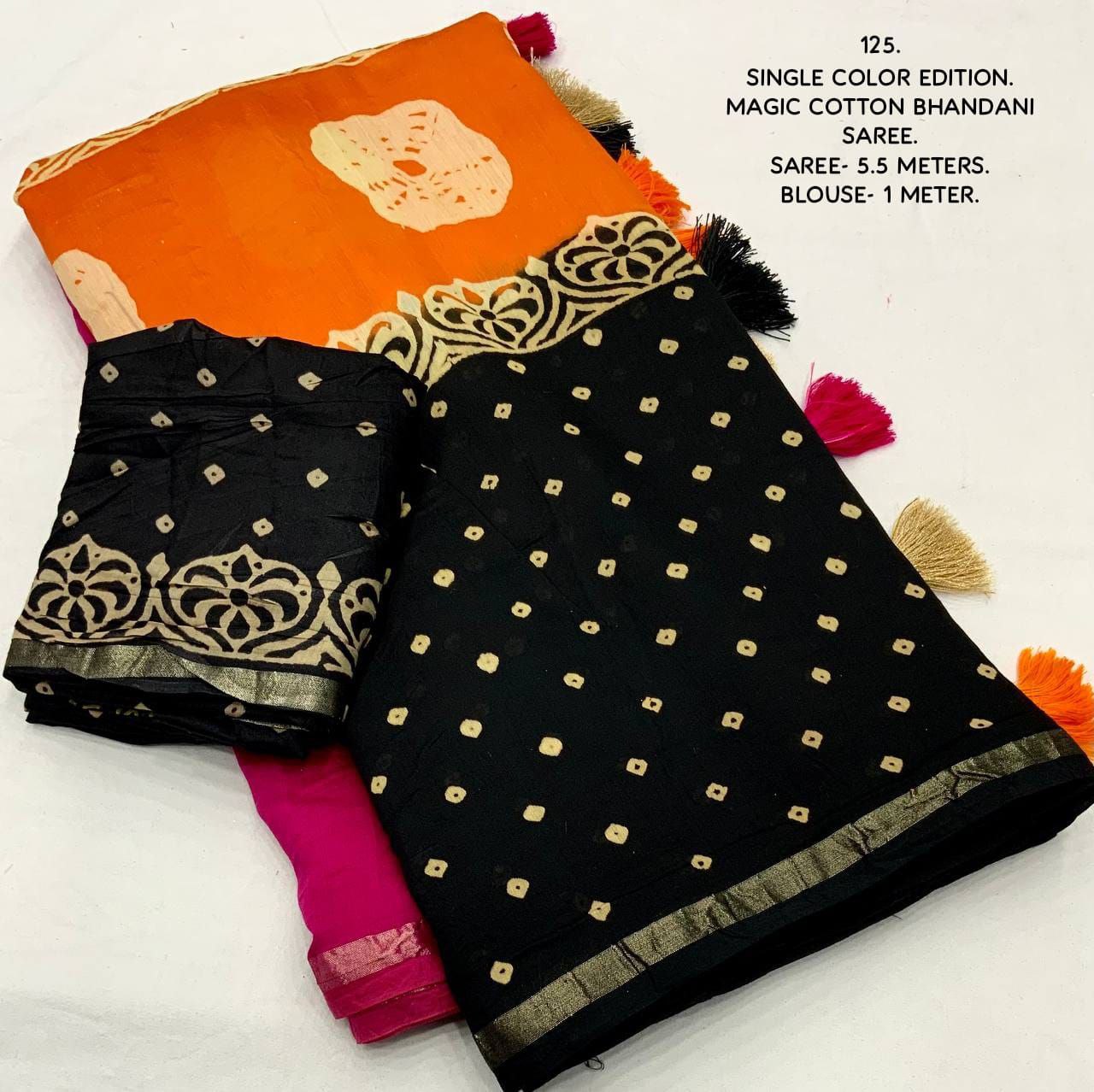 Zari Pattu Border Pure Chanderi Cotton Hand Block Bandhani Printed Saree with Blouse