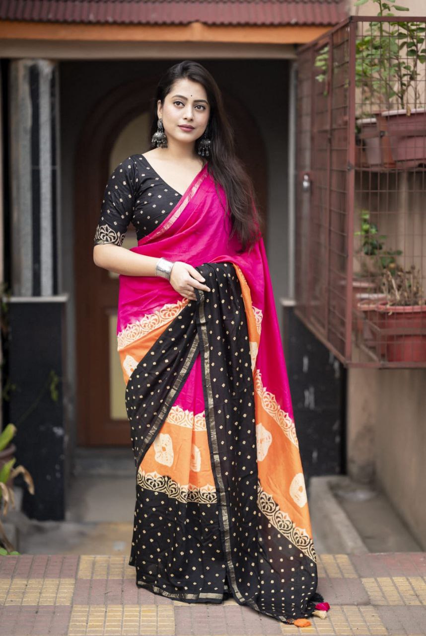 Zari Pattu Border Pure Chanderi Cotton Hand Block Bandhani Printed Saree with Blouse