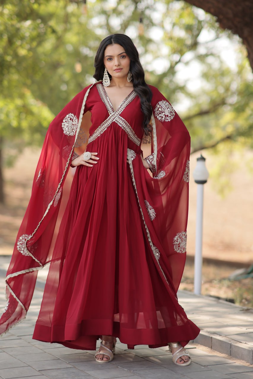 Premium Ready-Made Embroidered Zari & Sequins Work Alia Cut Gown with Dupatta Set