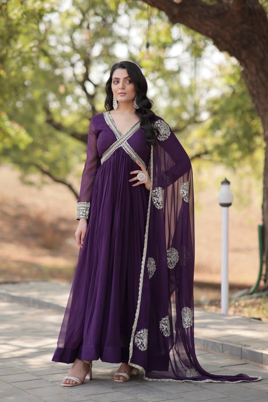 Premium Ready-Made Embroidered Zari & Sequins Work Alia Cut Gown with Dupatta Set