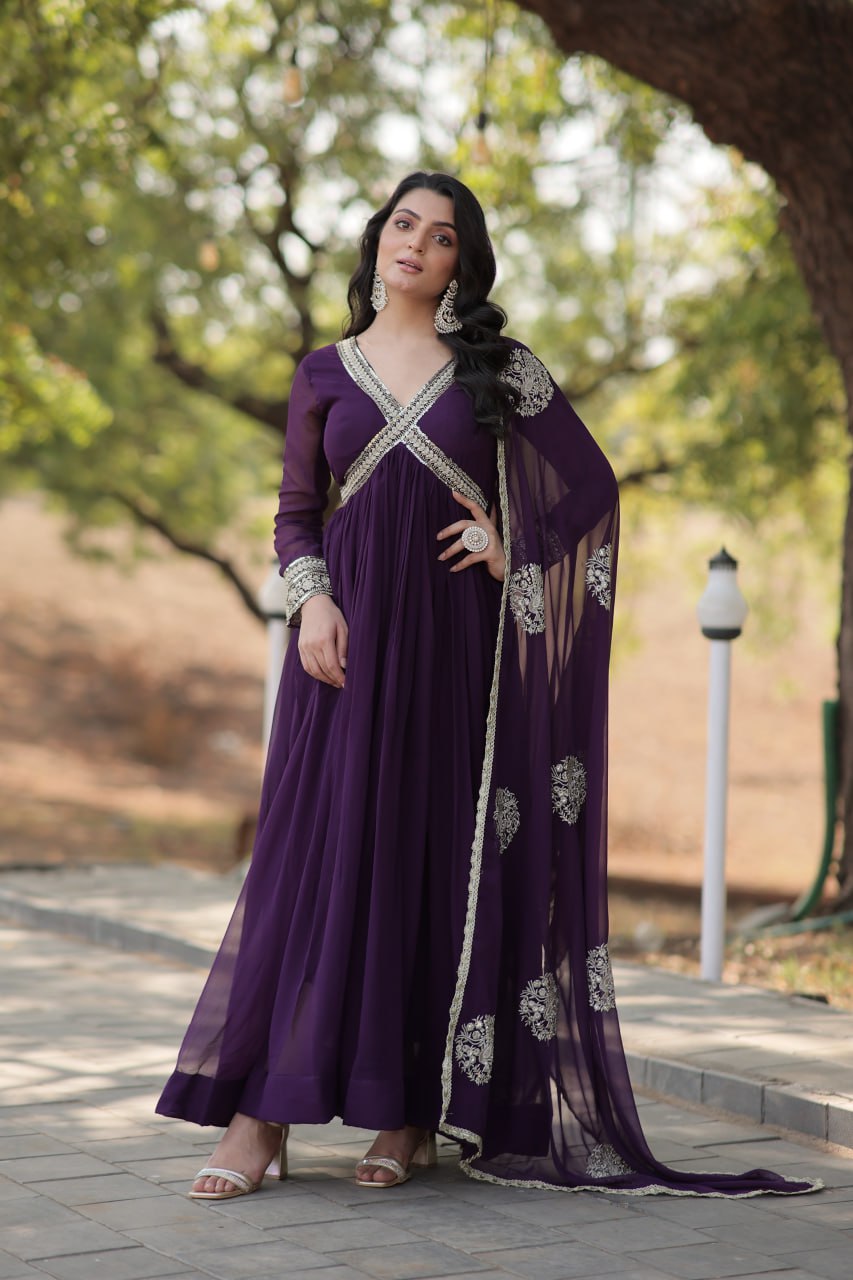 Premium Ready-Made Embroidered Zari & Sequins Work Alia Cut Gown with Dupatta Set