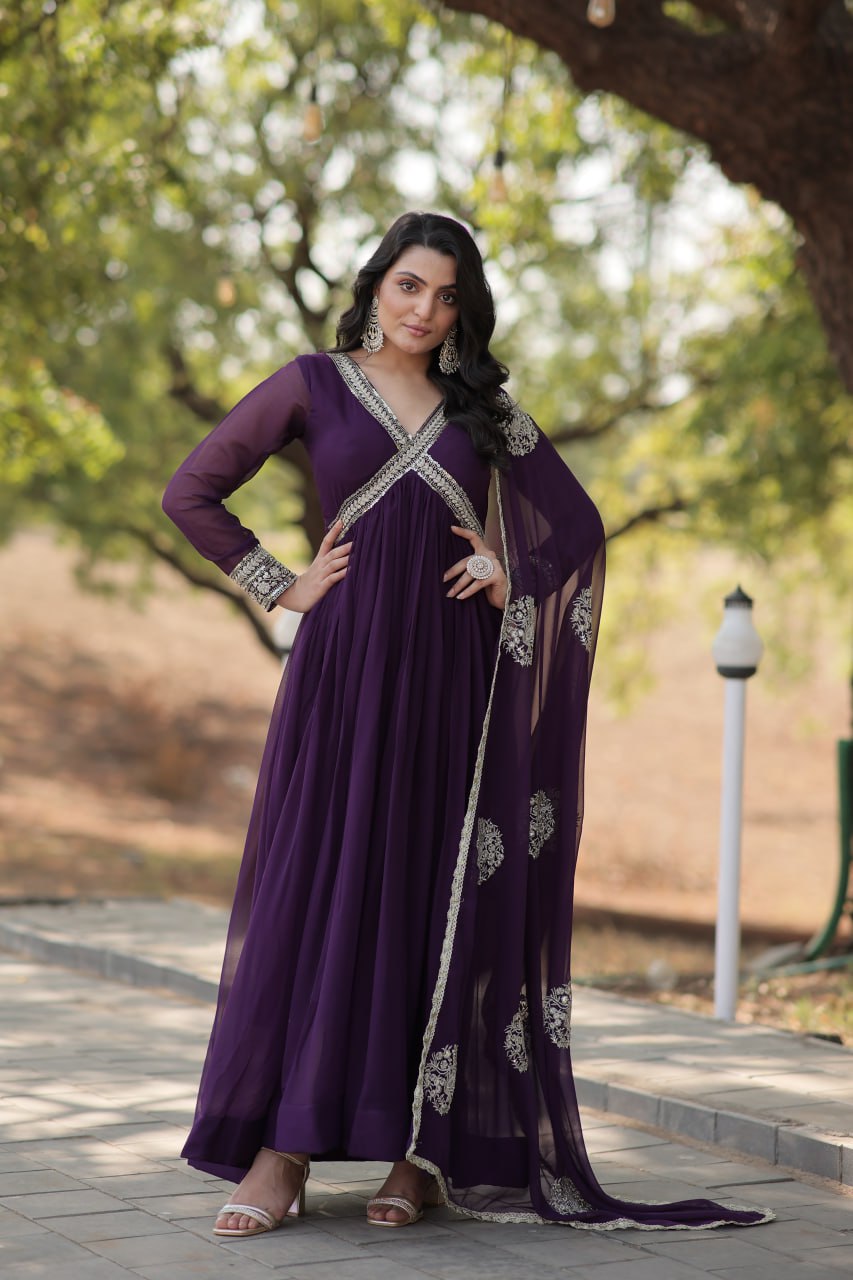 Premium Ready-Made Embroidered Zari & Sequins Work Alia Cut Gown with Dupatta Set