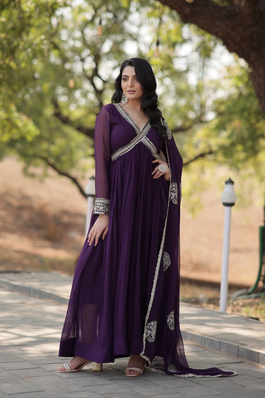 Premium Ready-Made Embroidered Zari & Sequins Work Alia Cut Gown with Dupatta Set