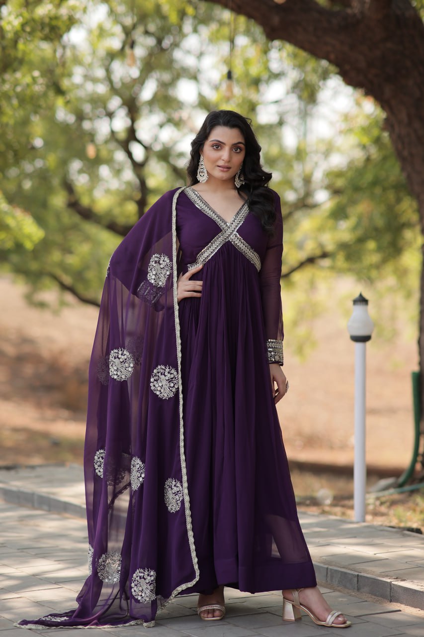 Premium Ready-Made Embroidered Zari & Sequins Work Alia Cut Gown with Dupatta Set