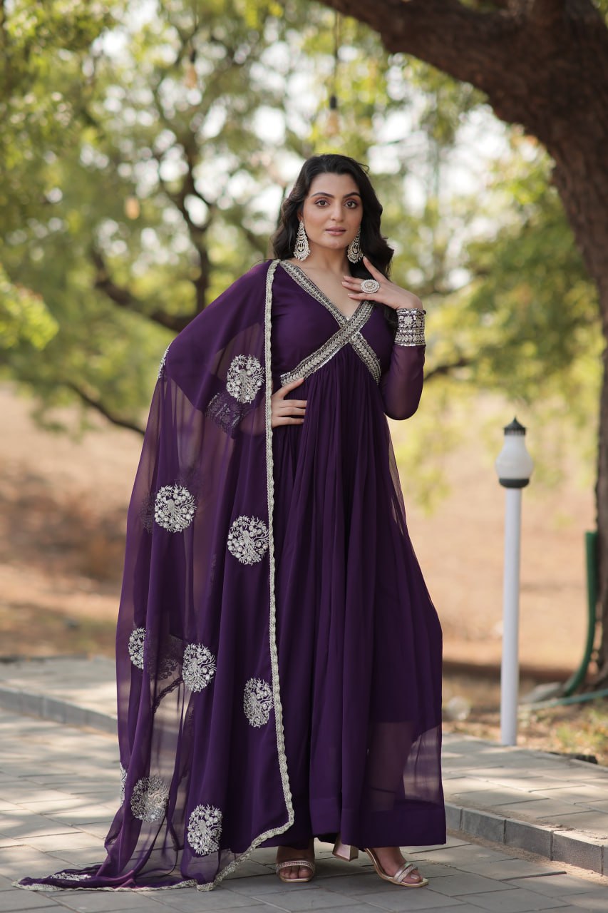 Premium Ready-Made Embroidered Zari & Sequins Work Alia Cut Gown with Dupatta Set