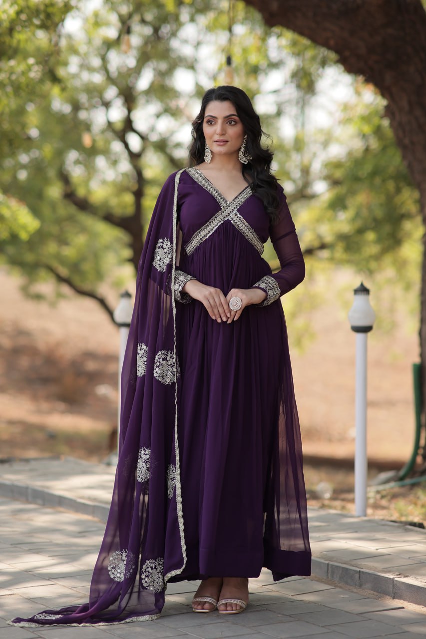 Premium Ready-Made Embroidered Zari & Sequins Work Alia Cut Gown with Dupatta Set