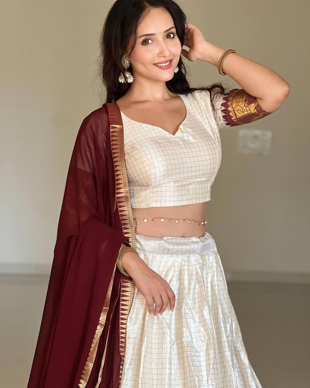 South Indian Checkered Pattern Off White Pure Silk Lehenga Choli Set