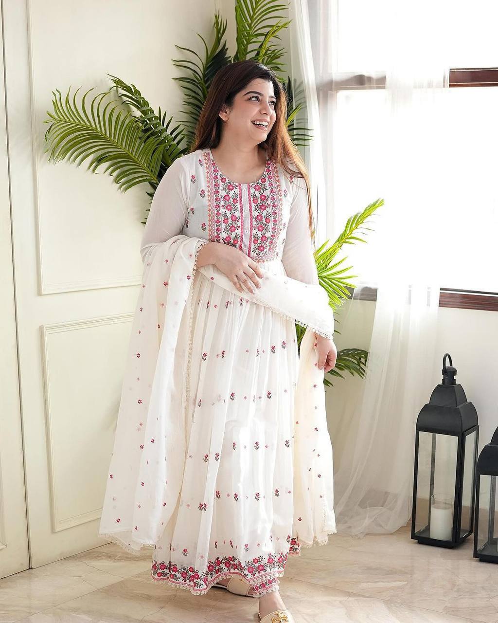 Beautiful Multi Thread Color Embroidery White Mul Mul Cotton Anarkali Suit with Pant and Dupatta