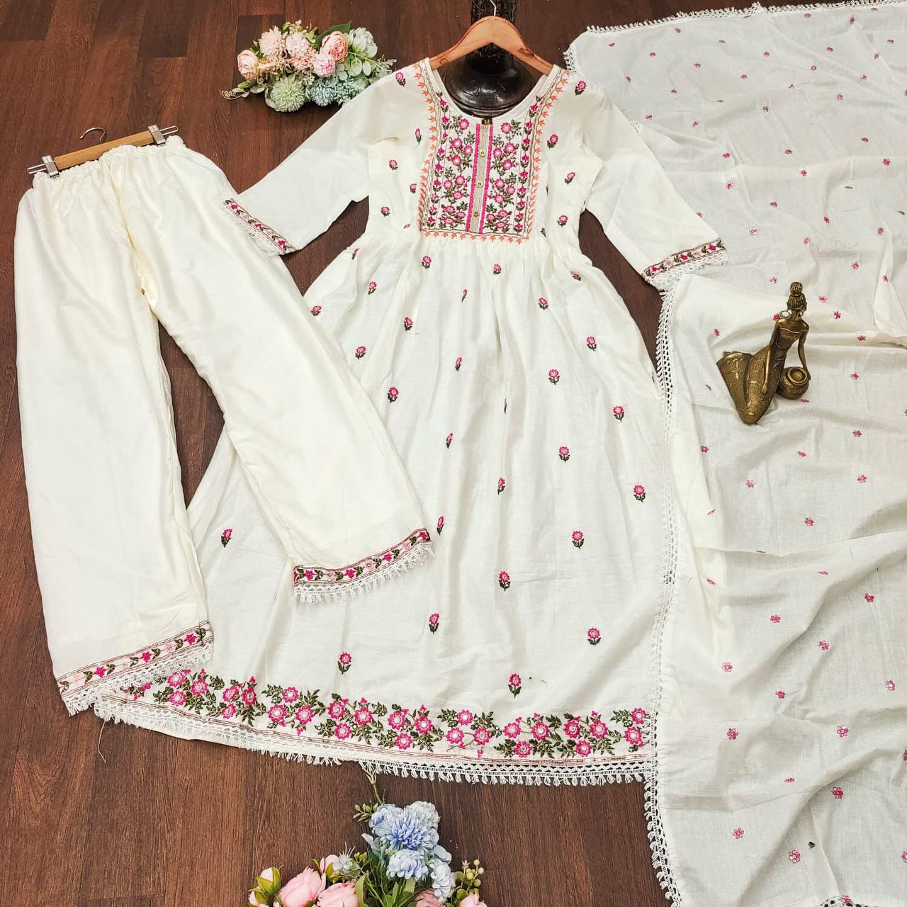 Beautiful Multi Thread Color Embroidery White Mul Mul Cotton Anarkali Suit with Pant and Dupatta