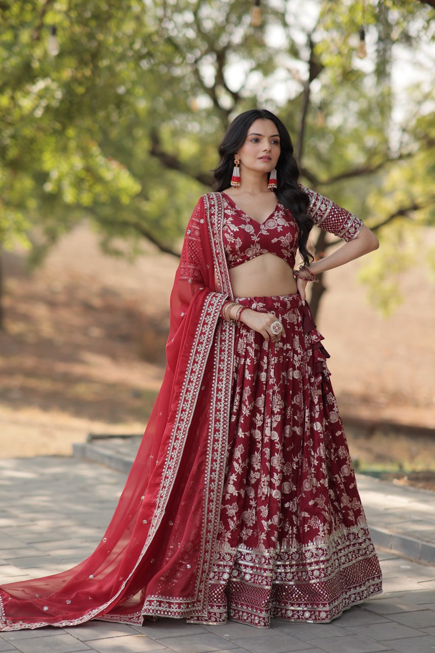 Sequins Embroidery Work Dyeable Pure Viscose Jacquard Lehenga Choli Set