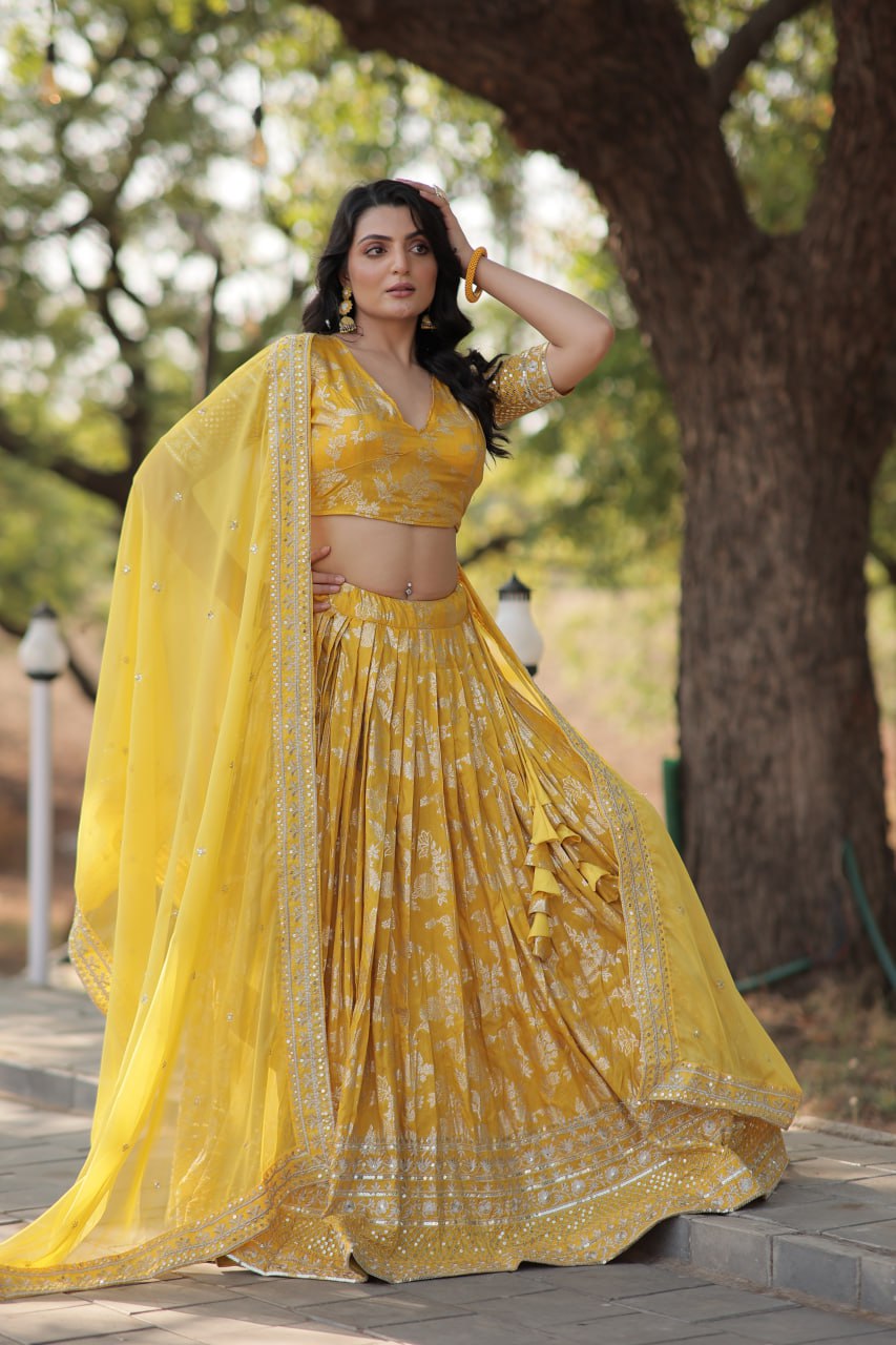 Sequins Embroidery Work Dyeable Pure Viscose Jacquard Lehenga Choli Set