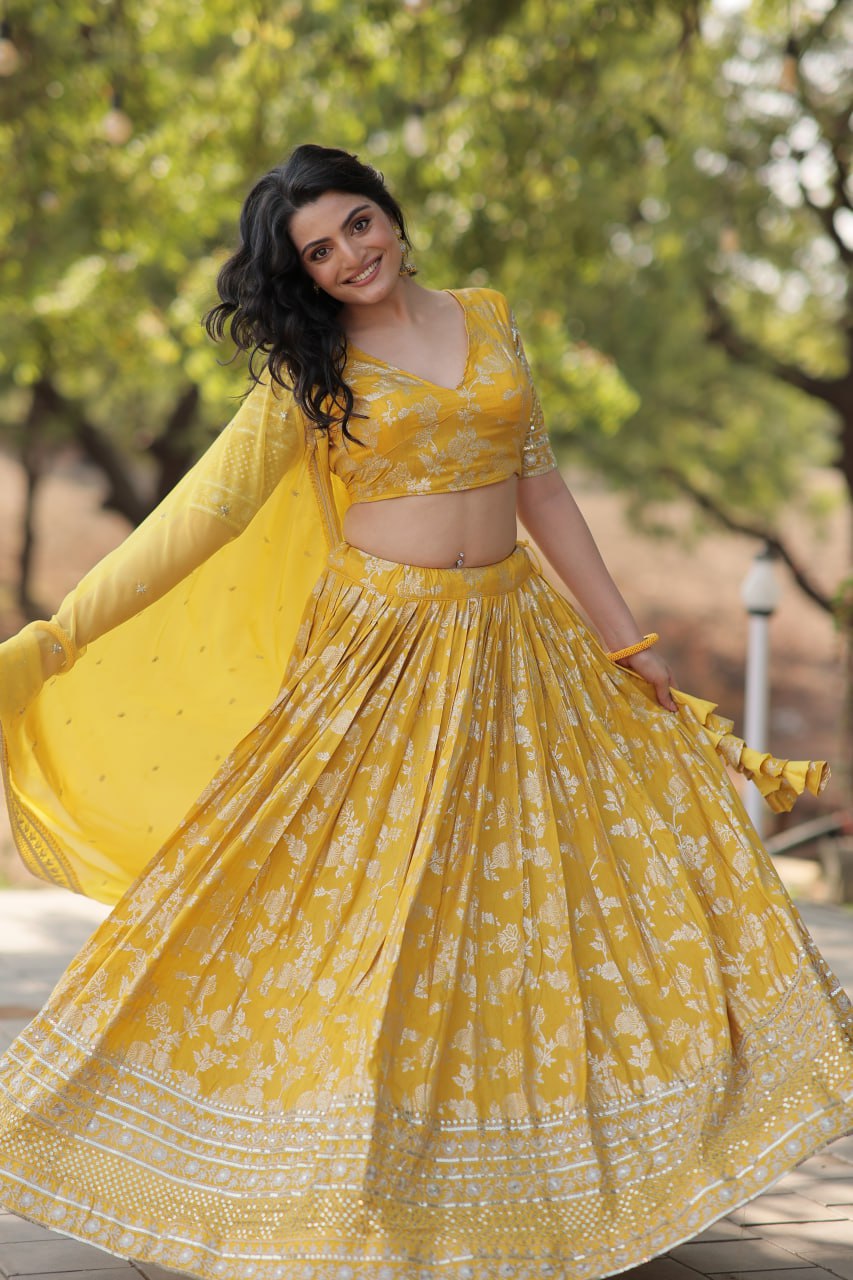 Sequins Embroidery Work Dyeable Pure Viscose Jacquard Lehenga Choli Set