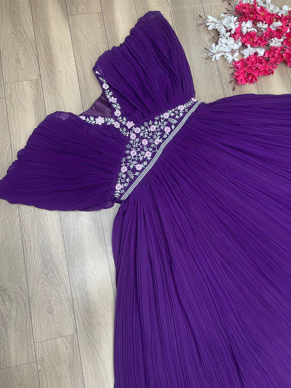 Embroidered Crush Work, Purple Fox Georgette Gown