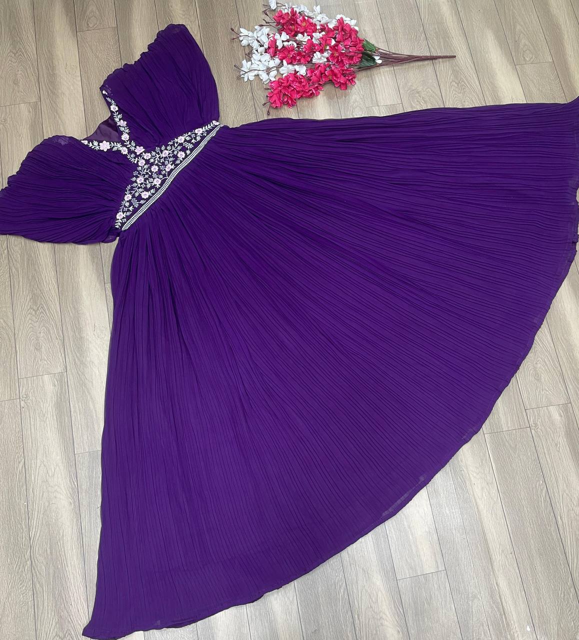 Embroidered Crush Work, Purple Fox Georgette Gown