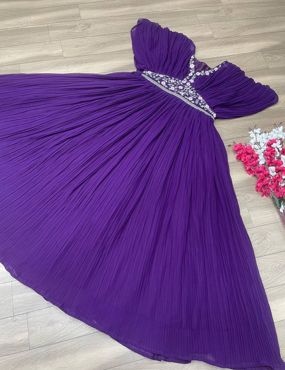 Embroidered Crush Work, Purple Fox Georgette Gown