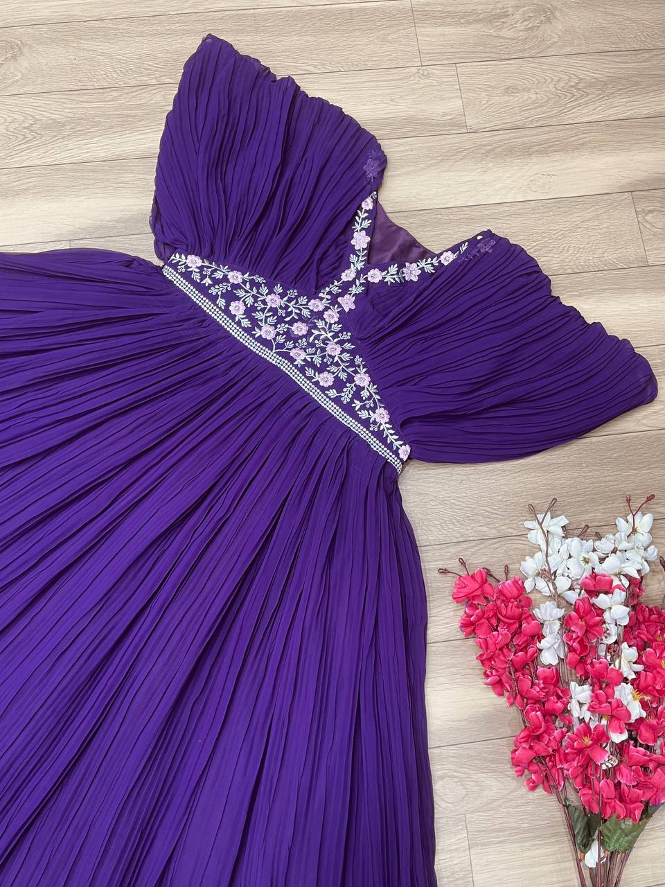 Embroidered Crush Work, Purple Fox Georgette Gown