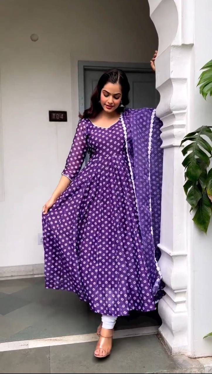 Elegant Printed Purple Gown with Fox Georgette Dupatta