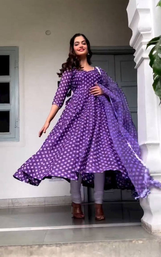 Elegant Printed Purple Gown with Fox Georgette Dupatta