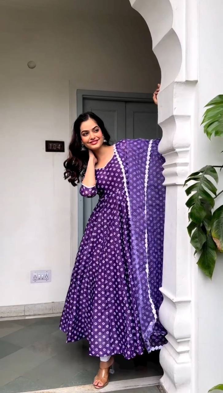 Elegant Printed Purple Gown with Fox Georgette Dupatta