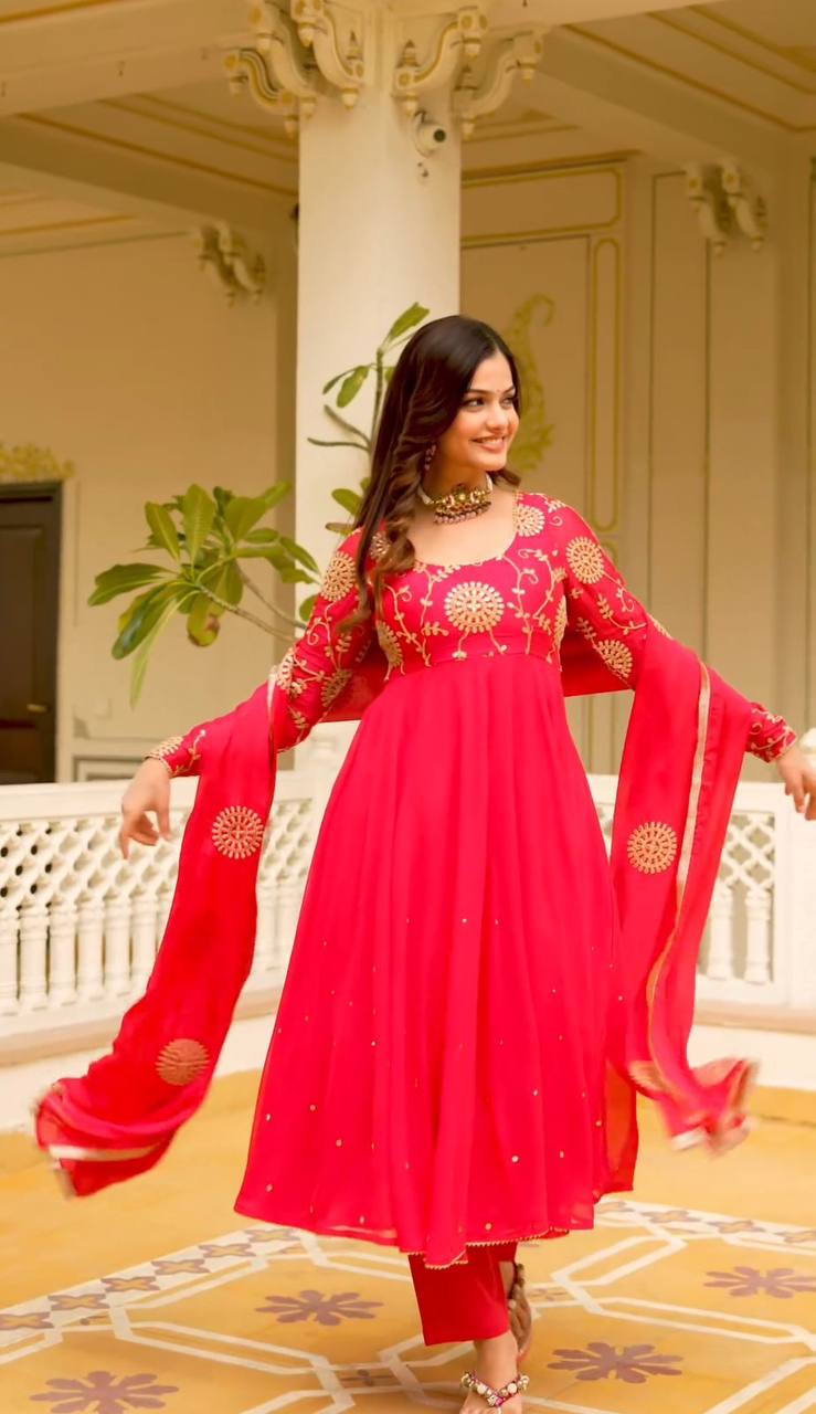 Elegant Pink Embroidered Gown with Pant and Dupatta