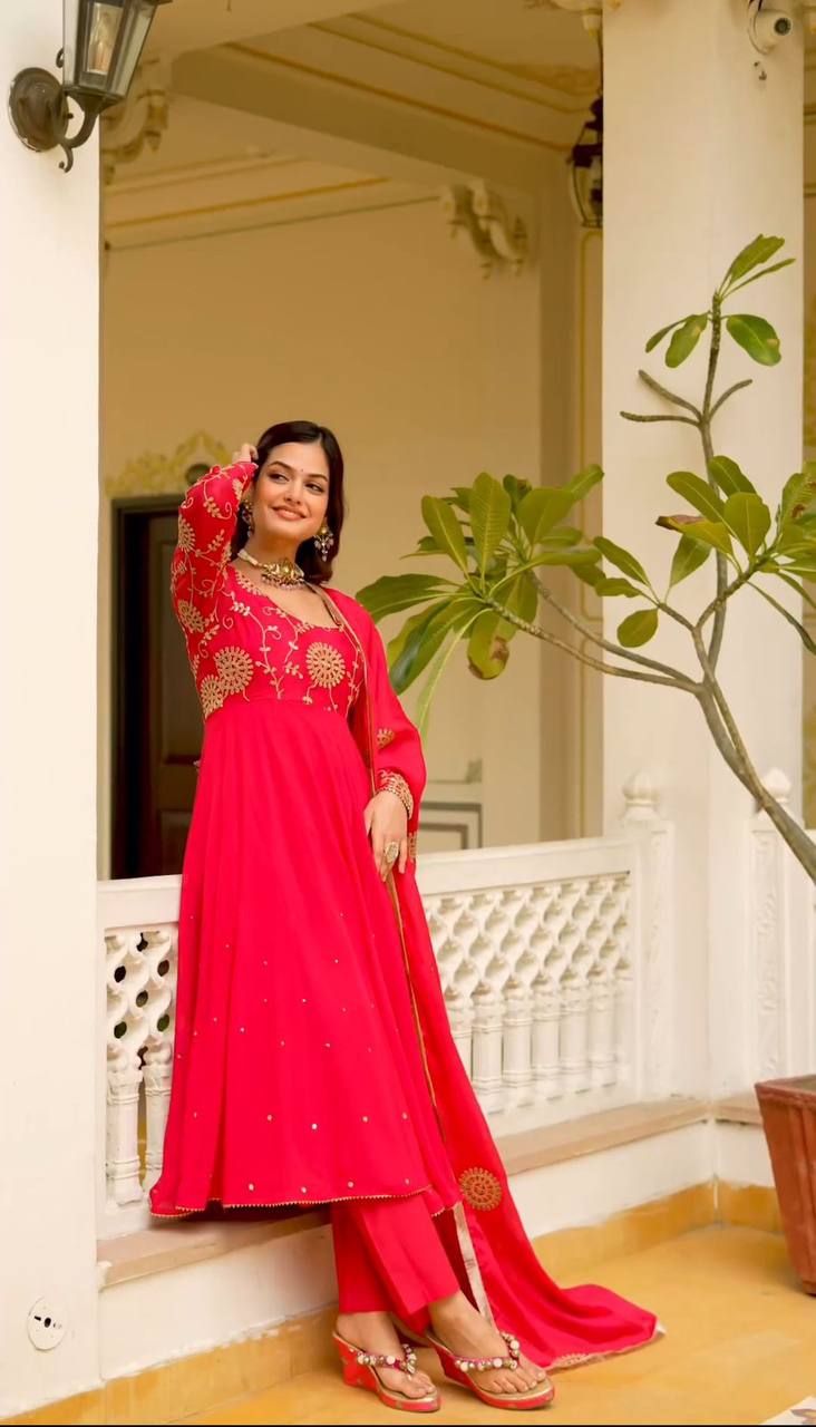 Elegant Pink Embroidered Gown with Pant and Dupatta