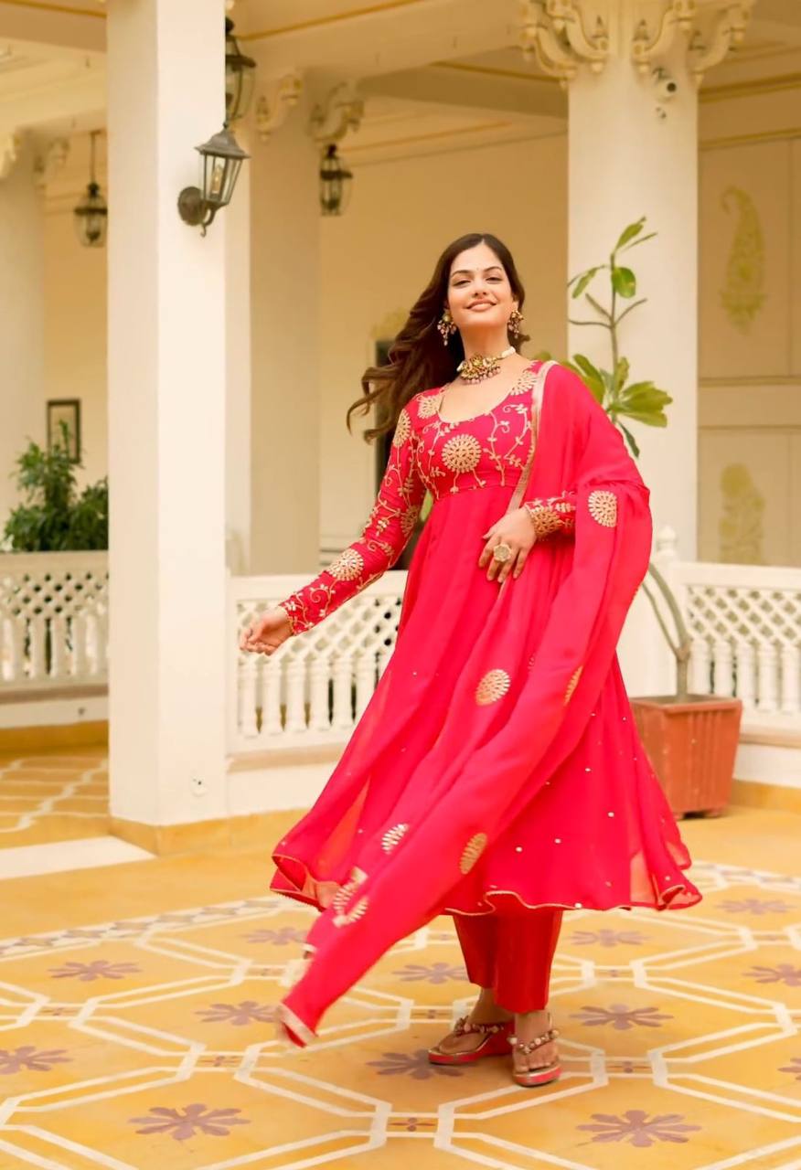 Elegant Pink Embroidered Gown with Pant and Dupatta