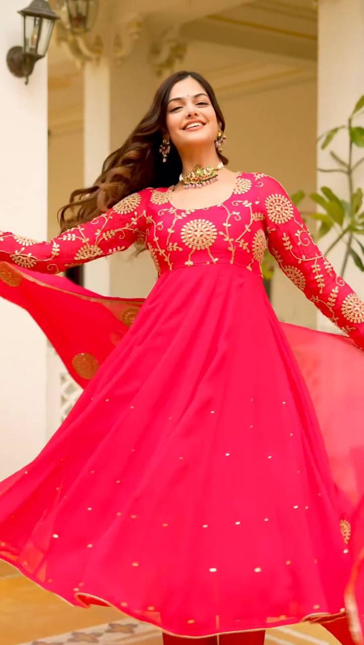 Elegant Pink Embroidered Gown with Pant and Dupatta