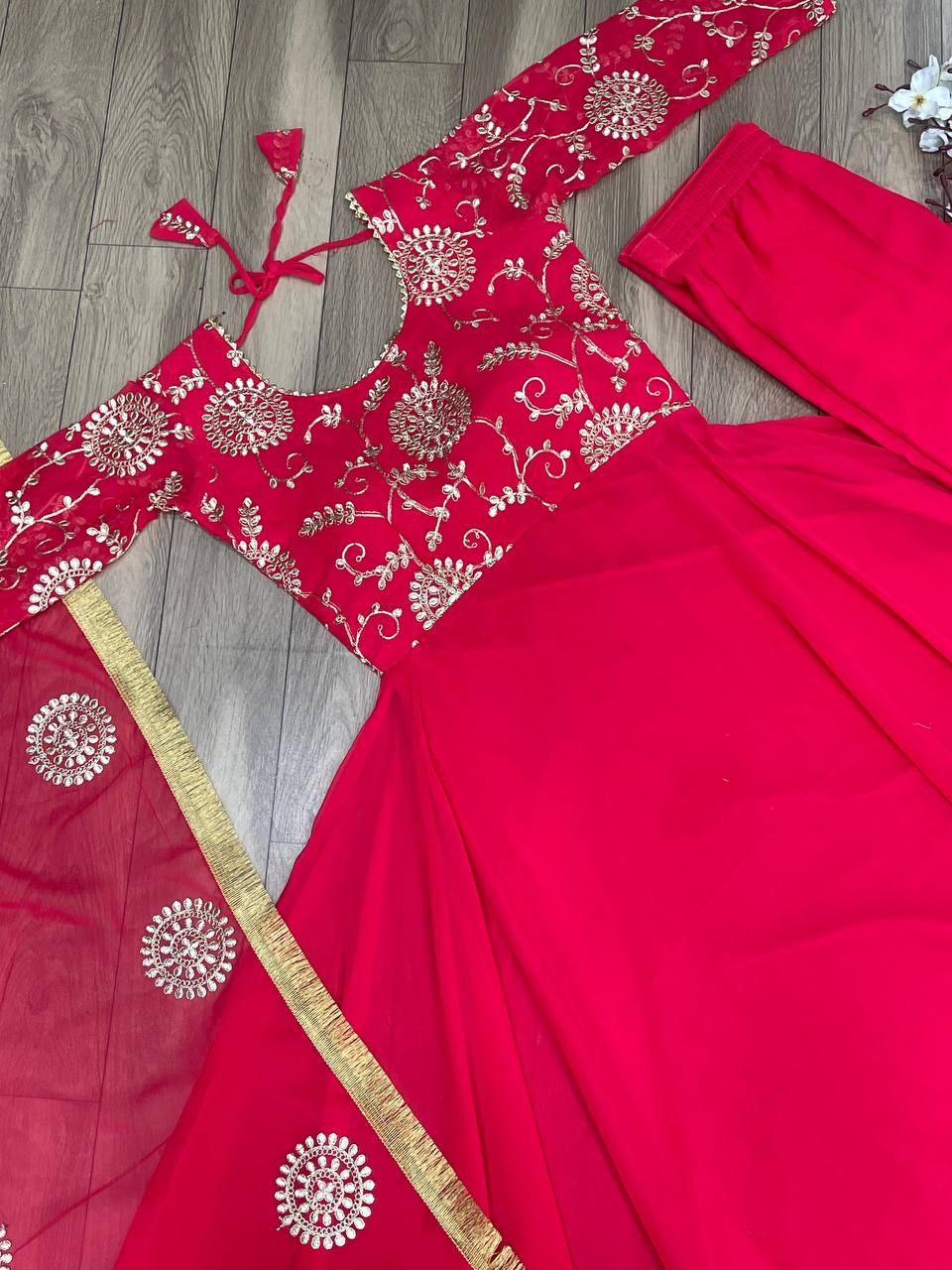 Elegant Pink Embroidered Gown with Pant and Dupatta