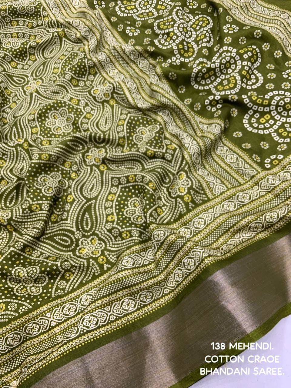 Elegant Zari Border Bandhani Printed Cotton Crape Saree with Blouse