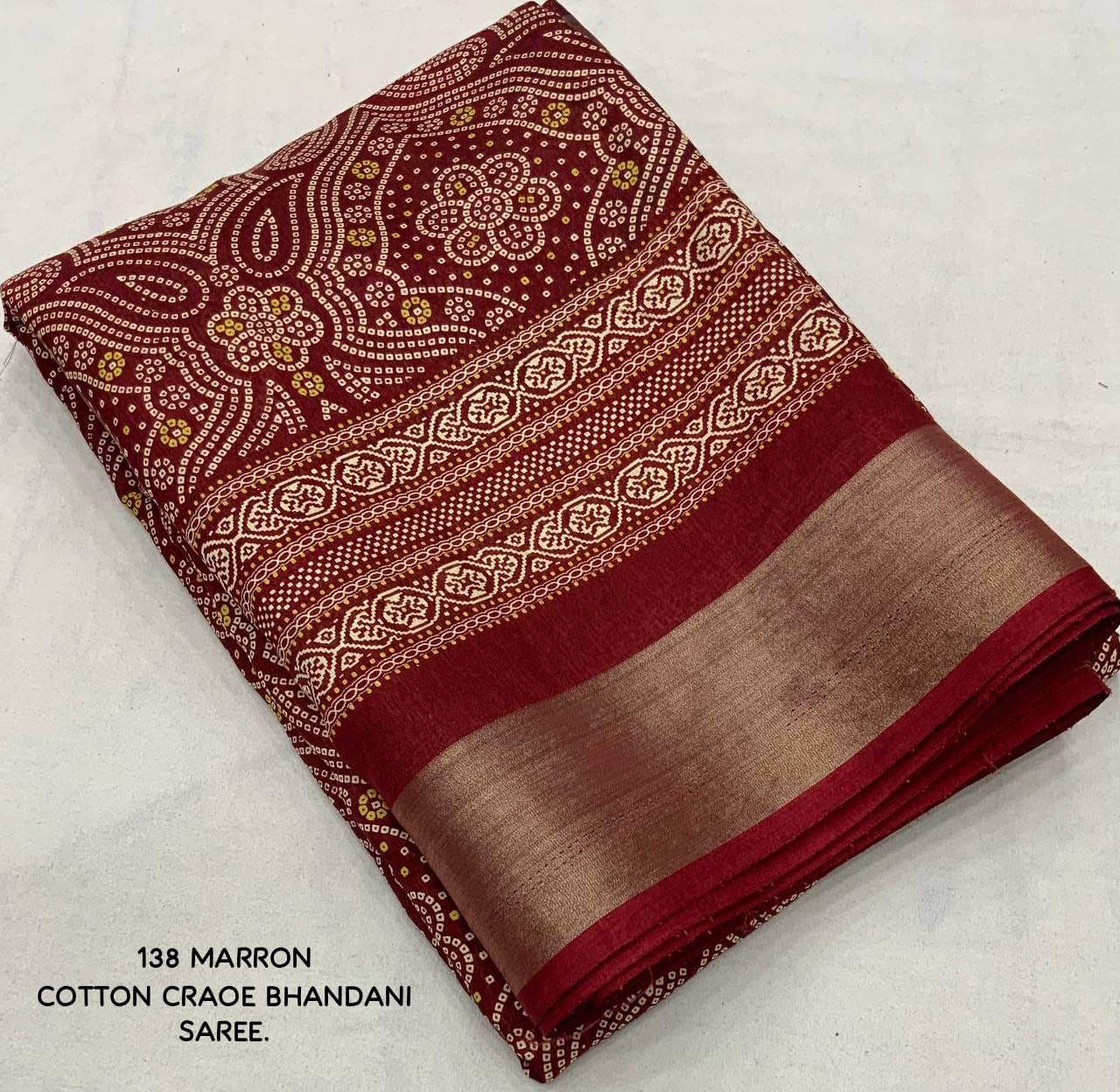 Elegant Zari Border Bandhani Printed Cotton Crape Saree with Blouse