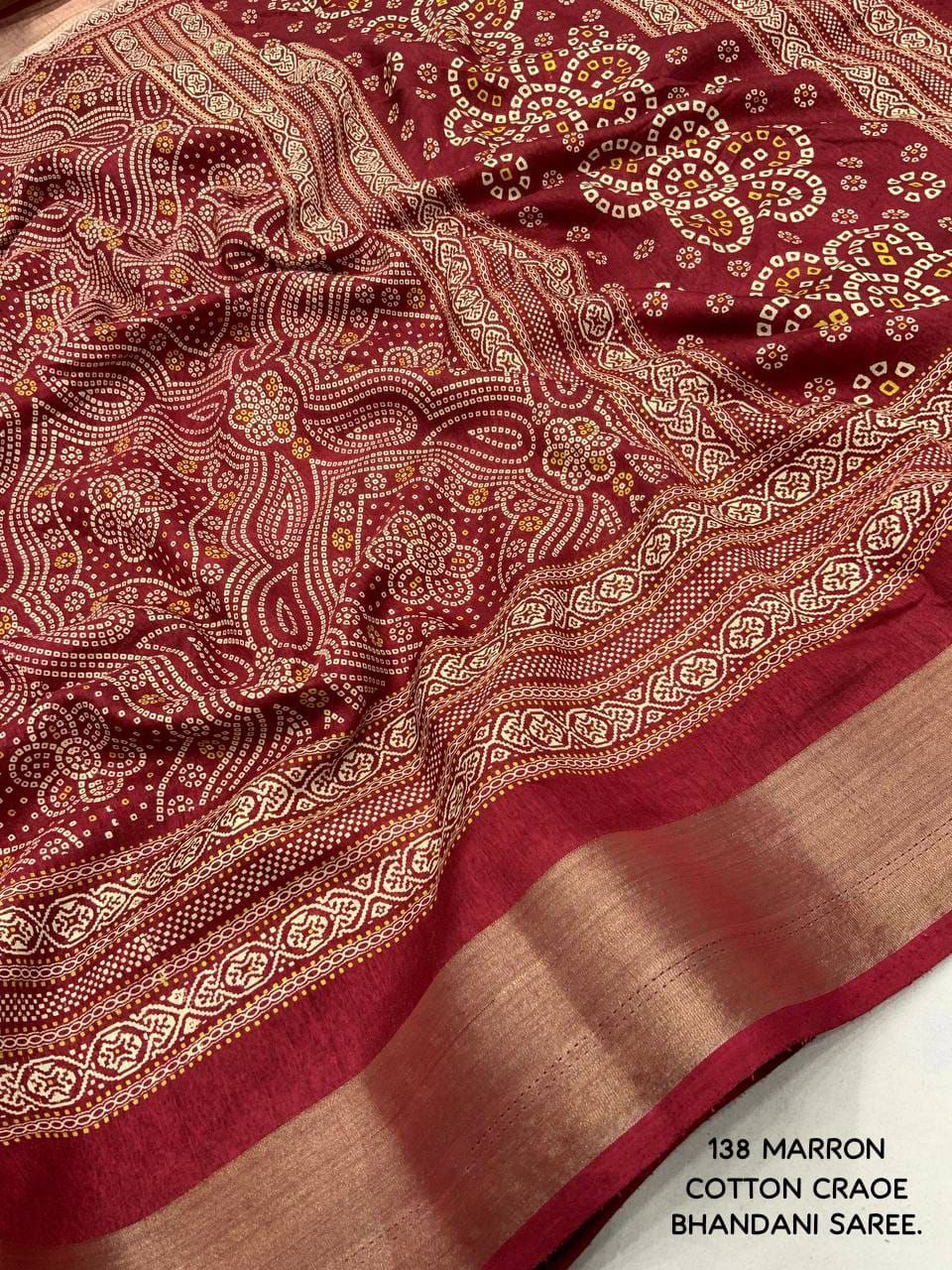 Elegant Zari Border Bandhani Printed Cotton Crape Saree with Blouse