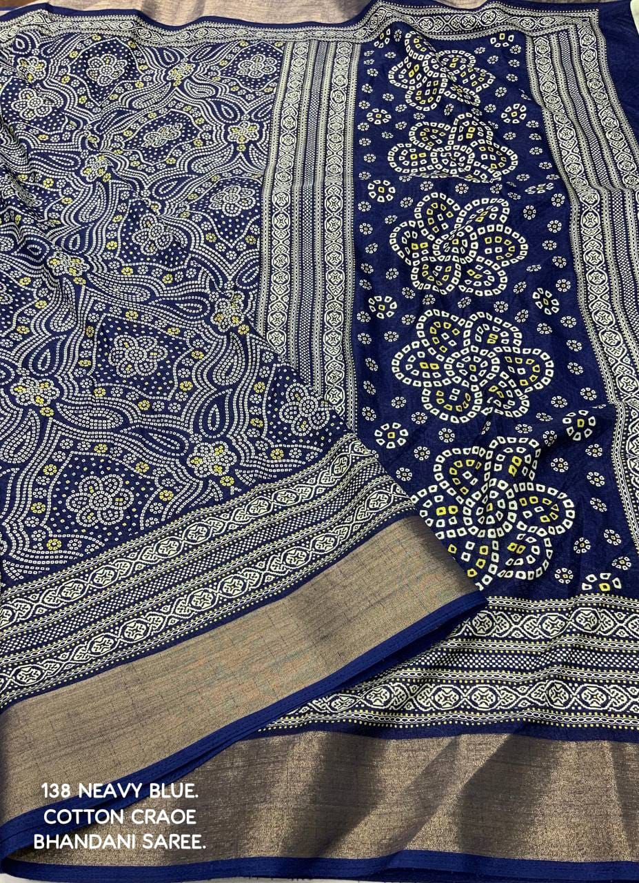 Elegant Zari Border Bandhani Printed Cotton Crape Saree with Blouse