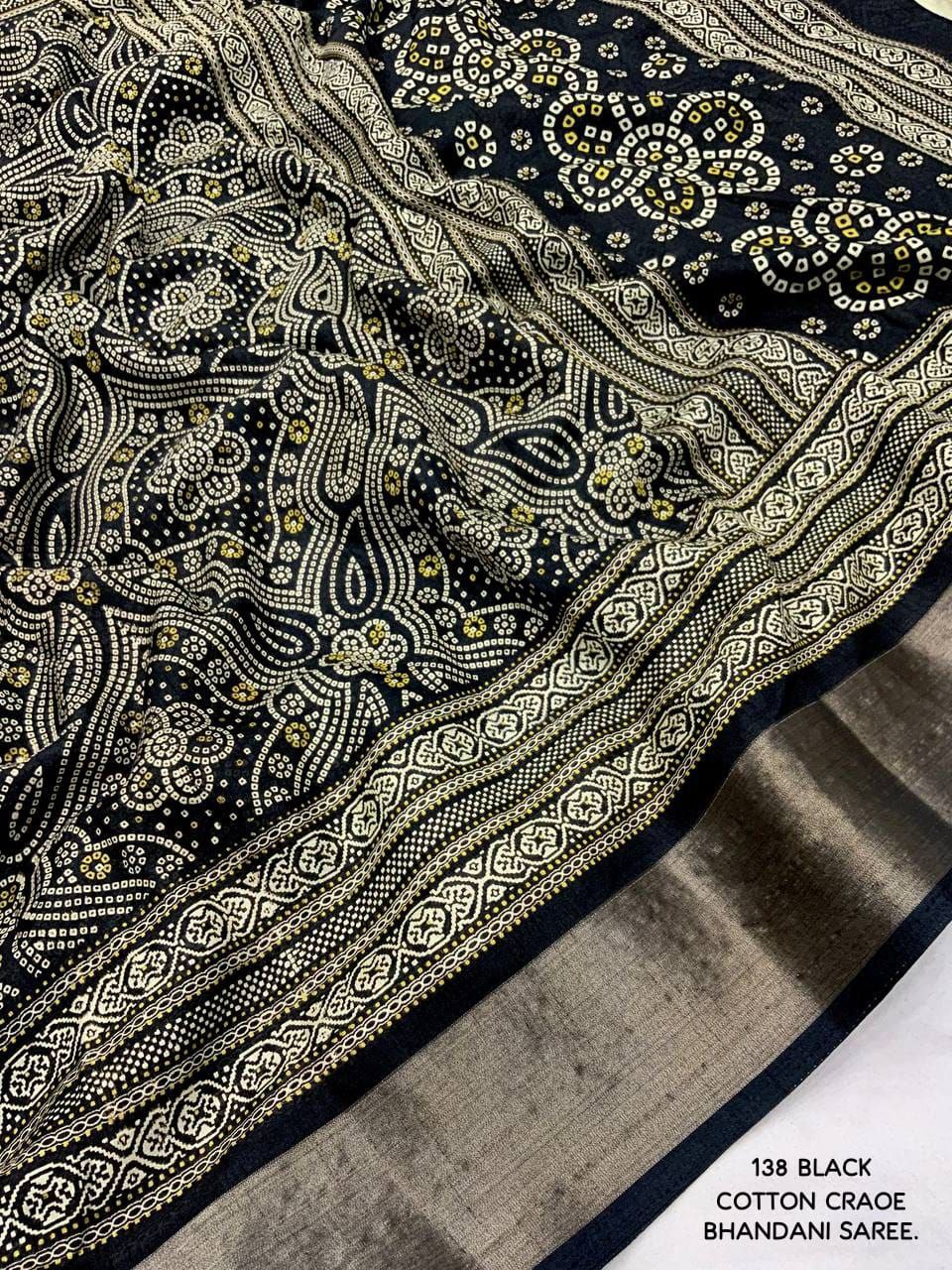 Elegant Zari Border Bandhani Printed Cotton Crape Saree with Blouse