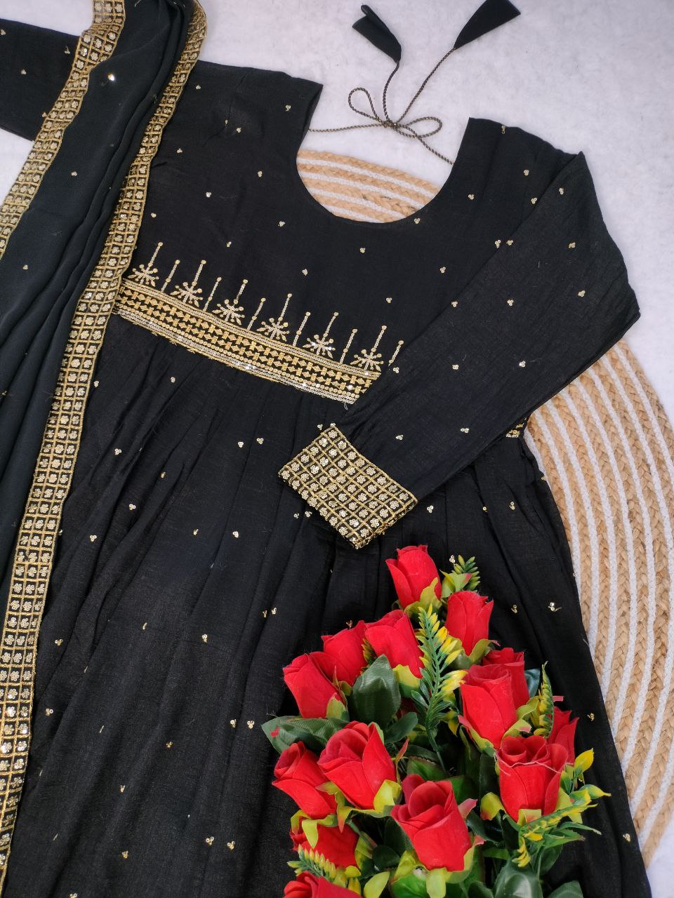 Elegant Zari Sequence Work  Vichitra Silk Designer Gown with Dupatta