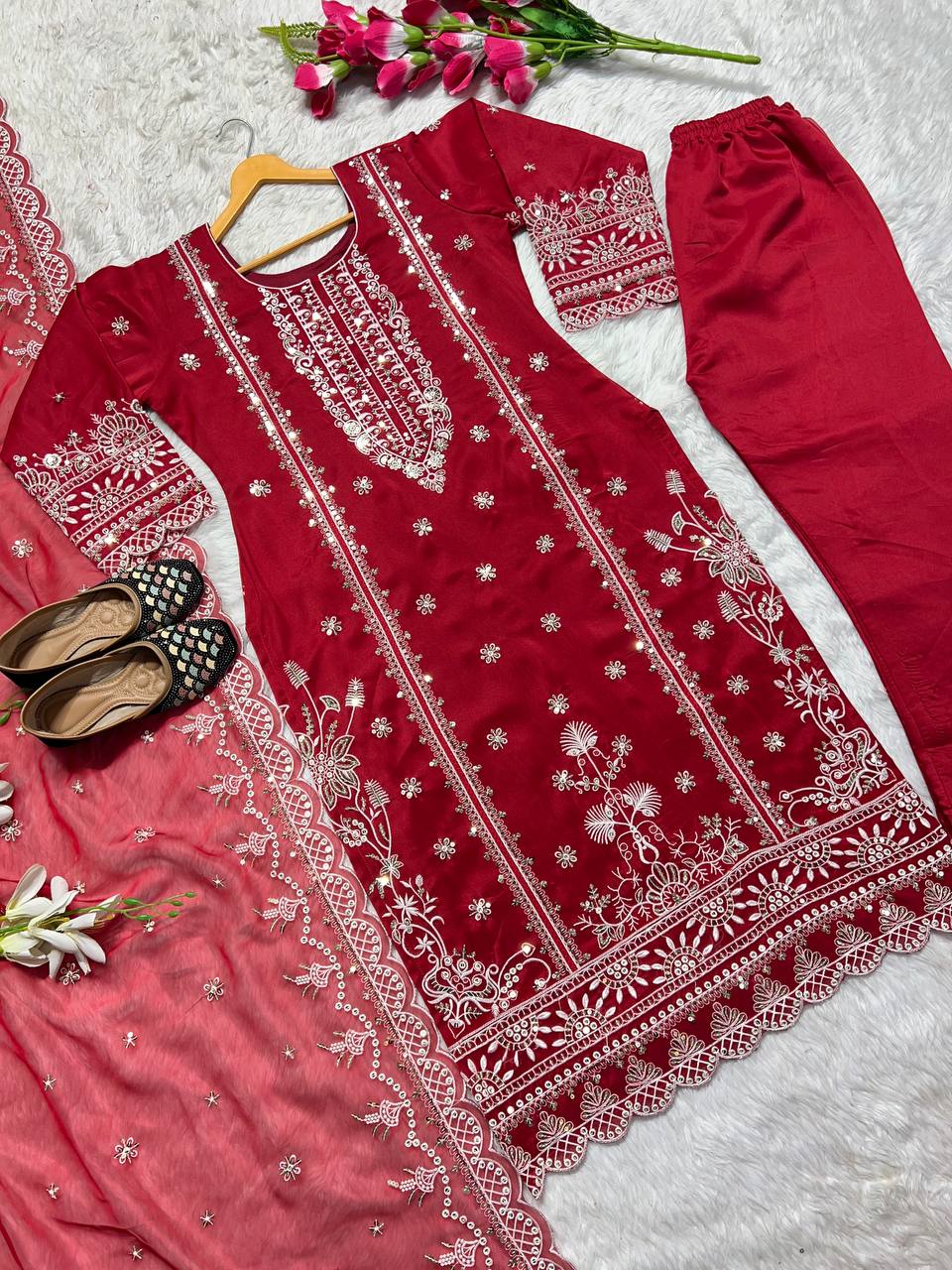 Designer Party Wear Sequin Embroidery Work Pure Organza  Pakistani Suit Set