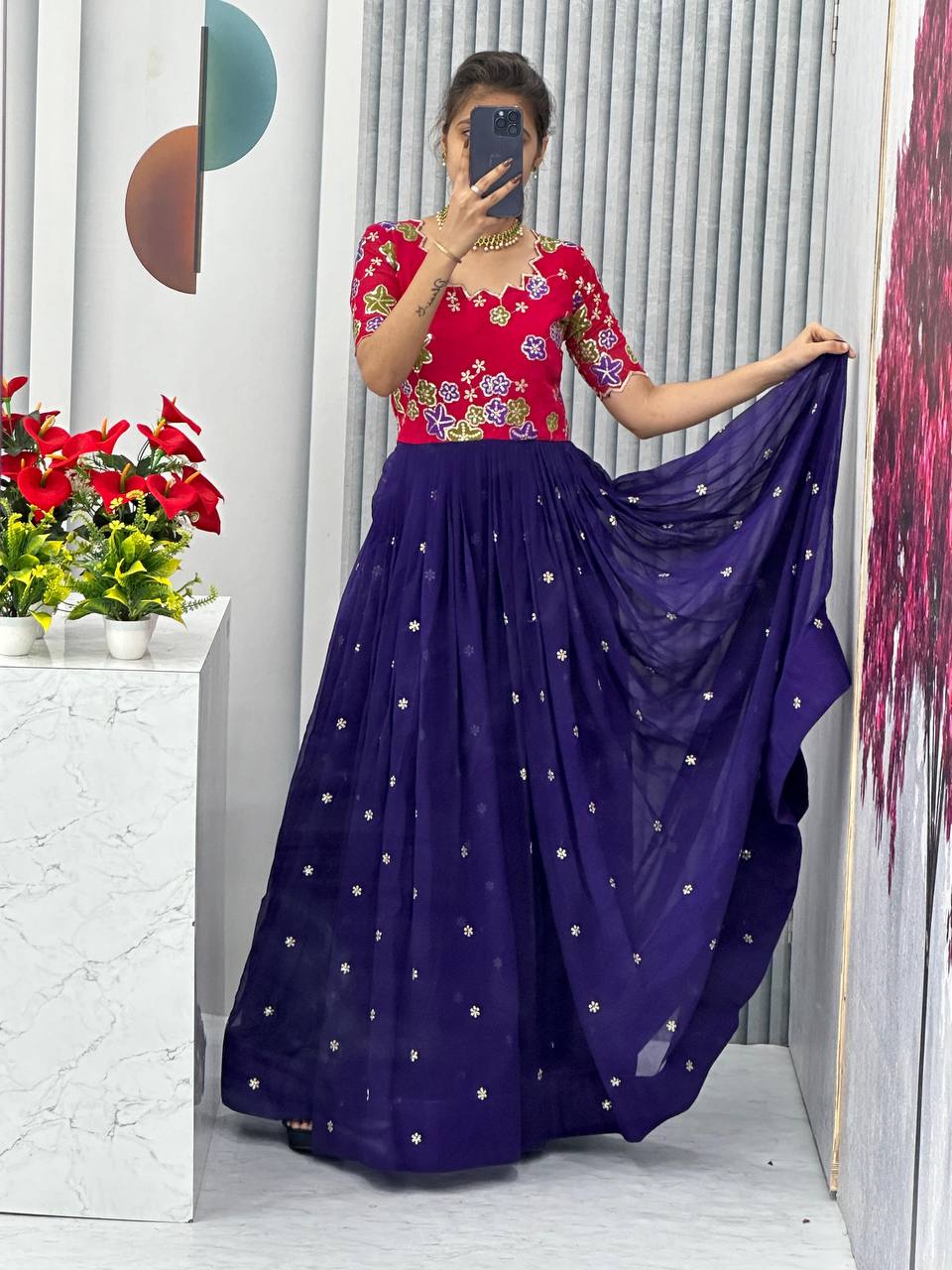 Embroidered Fox Georgette Gown with Dupatta