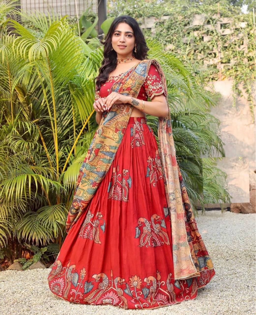 Kalamkari Printed Red Lehenga Choli Set with Embroidered Choli