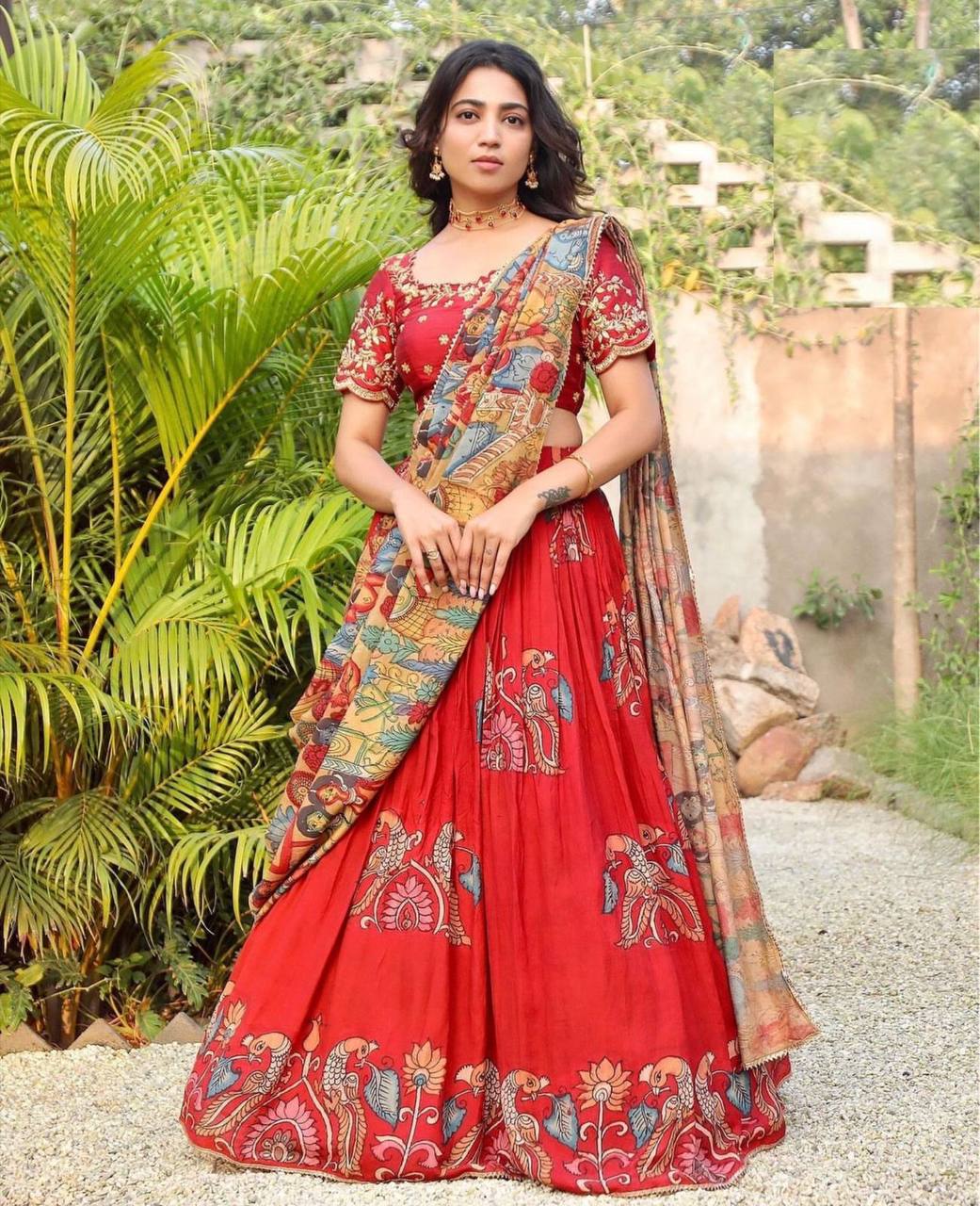 Kalamkari Printed Red Lehenga Choli Set with Embroidered Choli